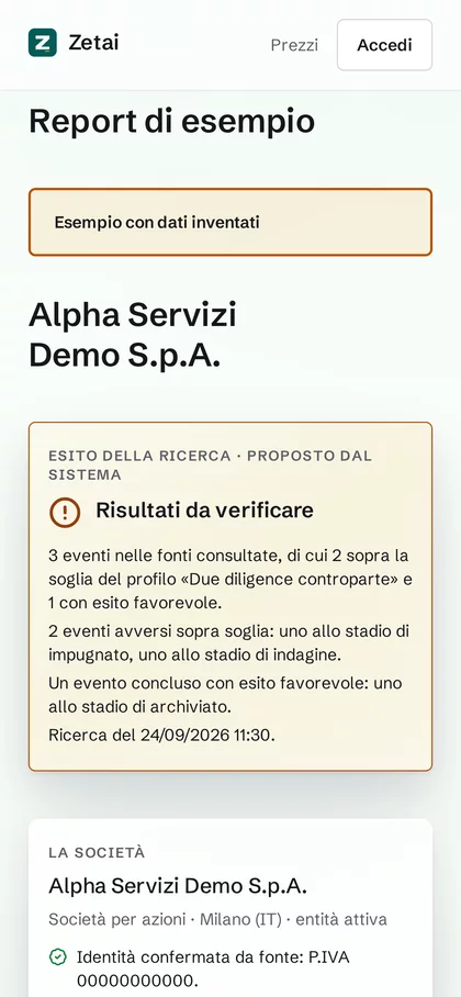 Report di esempio di Zetai su telefono